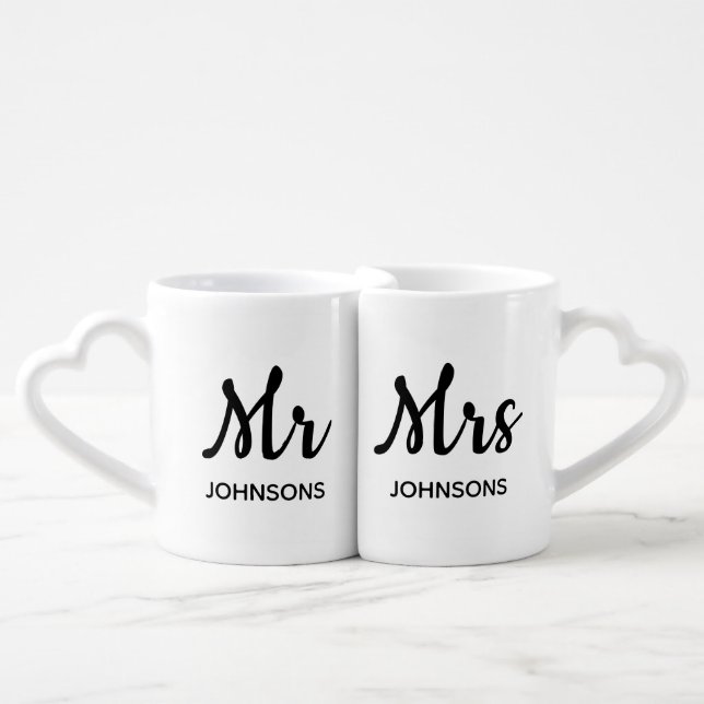 Mr and Mrs Custom Last Name Couple Gift Coffee Mug Set (Front Nesting)