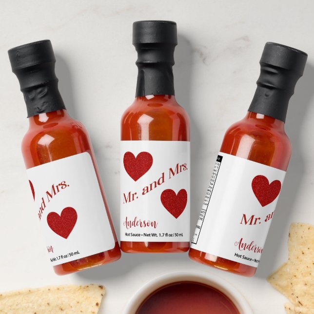 Mr. and Mrs. Custom Last Name Double Hearts Hot Sauces (Laydown)