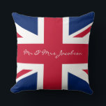 Mr and Mrs Custom Name Red White Blue UK Flag Throw Pillow<br><div class="desc">Mr and Mrs Custom Name Union Jack British Flag. Great for a patriotic decor,  wedding,  anniversary,  birthdays and expats. Beautiful English red,  white and blue. The flag of the historical Union of Jacob.</div>