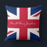 Mr and Mrs Custom Name Red White Blue UK Flag Throw Pillow<br><div class="desc">Mr and Mrs Custom Name Union Jack British Flag. Great for a patriotic decor,  wedding,  anniversary,  birthdays and expats. Beautiful English red,  white and blue. The flag of the historical Union of Jacob.</div>
