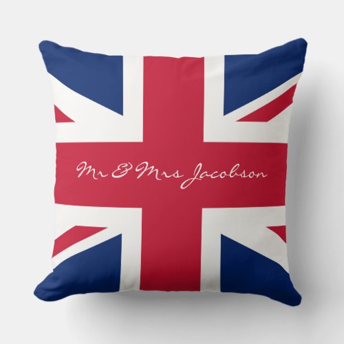 Mr and Mrs Custom Name Red White Blue UK Flag Throw Pillow