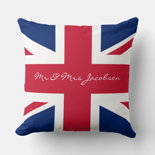 Mr and Mrs Custom Name Red White Blue UK Flag Throw Pillow (Front)