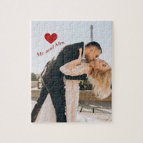 Mr and Mrs Custom Photo Red Sparkle Heart Jigsaw Puzzle