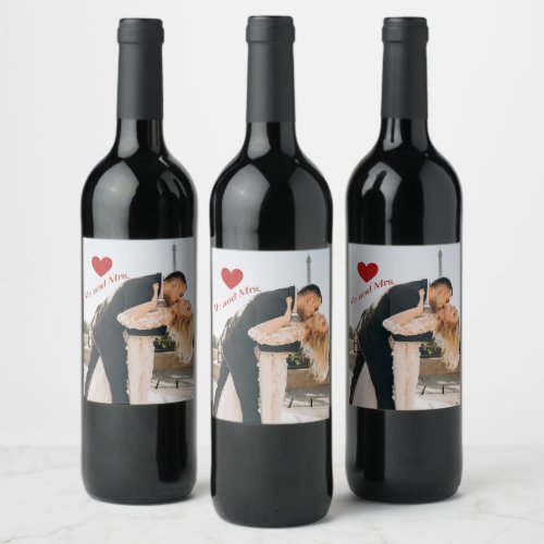 Mr and Mrs Custom Photo Red Sparkle Heart Wine Label