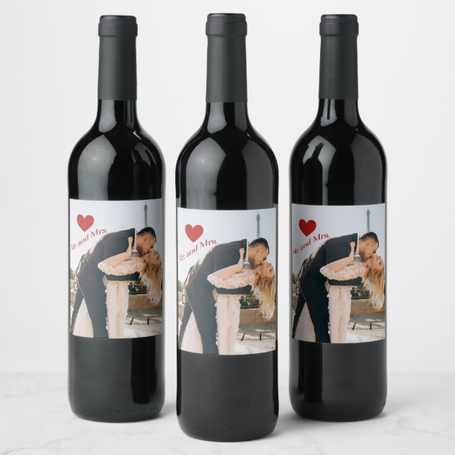 Mr. and Mrs. Custom Photo Red Sparkle Heart Wine Label (Bottles)