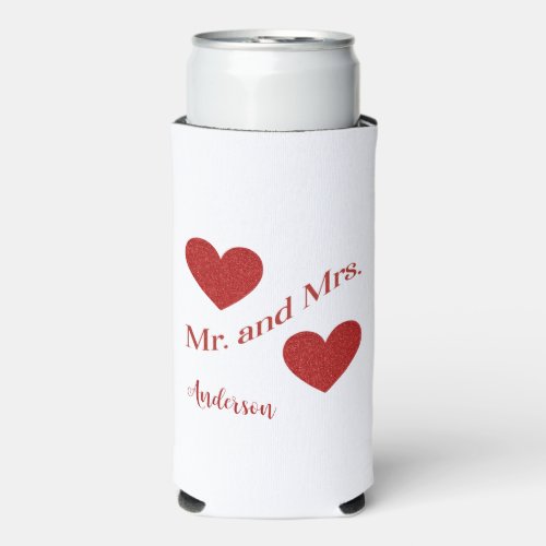 Mr and Mrs Custom Surname Double Hearts Date  Seltzer Can Cooler