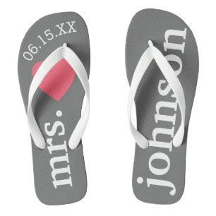 Mr. and Mrs. Custom Text Honeymoon with Heart Flip Flops