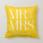 Mr and Mrs Custom Wedding Throw Pillow<br><div class="desc">Background color can be customized online (to any color!). Add your photo on the back,  or not! Designed by Berry Berry Sweet {www.berryberrysweet.com}</div>