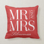 Mr and Mrs Custom Wedding Throw Pillow<br><div class="desc">Background color can be customized online (to any color!). Add your photo on the back,  or not! Designed by Berry Berry Sweet {www.berryberrysweet.com}</div>