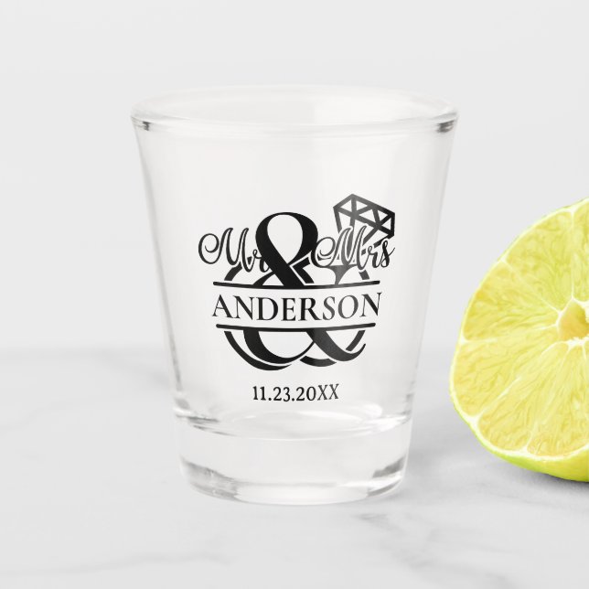 Mr and Mrs Diamond Ring Wedding Favor Shot Glass (Front)