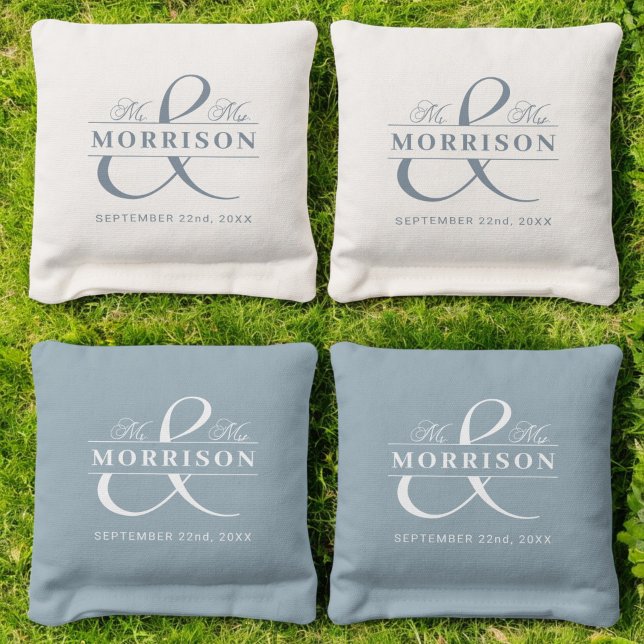 Mr. and Mrs. Dusty Blue Monogram Wedding  Cornhole Bags (Creator Uploaded)