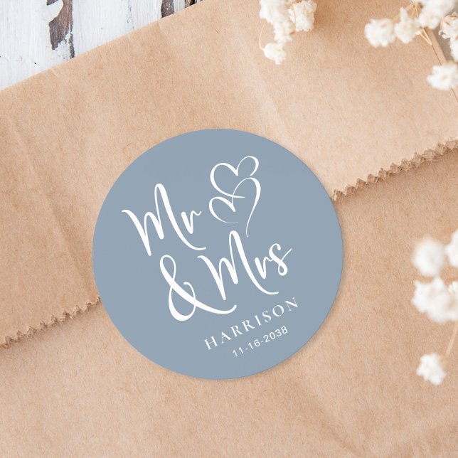 Mr And Mrs Dusty Blue Wedding Classic Round Sticker (Creator Uploaded)