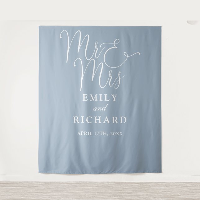 Mr And Mrs Dusty Blue Wedding Photo Backdrop (Front)