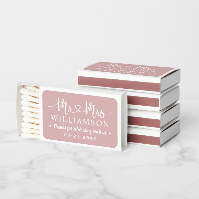 Mr and Mrs Dusty Rose Personalized Wedding Matchboxes (Stacked)