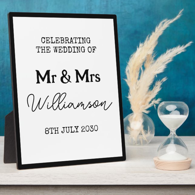 Mr And Mrs Elegant Black And White Wedding Sign Plaque (Side)