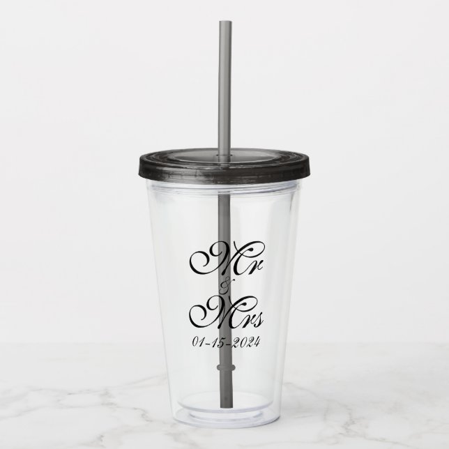 Mr and Mrs Elegant Black Script Customized Wedding Acrylic Tumbler (Front)