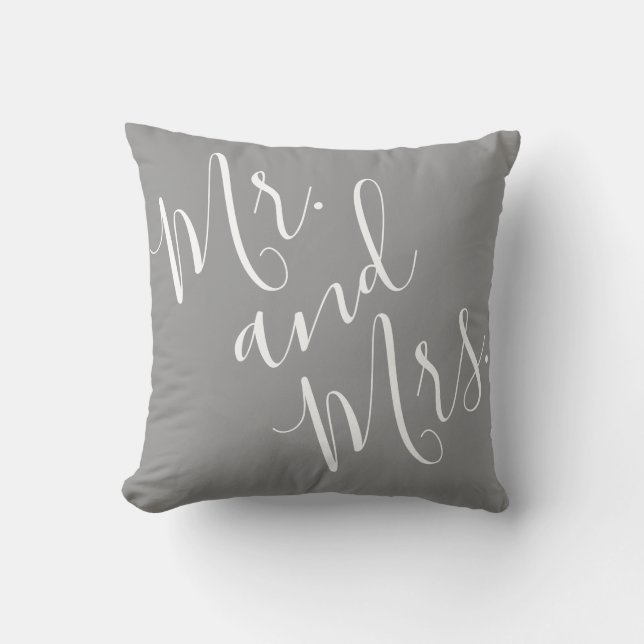 Mr. and Mrs. Elegant Calligraphy Gray White Script Throw Pillow (Front)