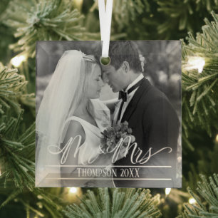 Mr. and Mrs. Elegant Christmas Photo Personalized Glass Ornament