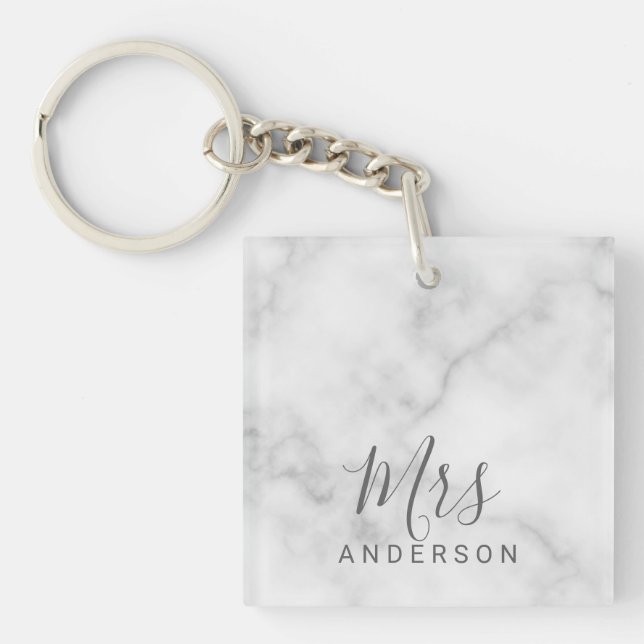 Mr and Mrs | Elegant Marble Modern Script Wedding Keychain (Front)