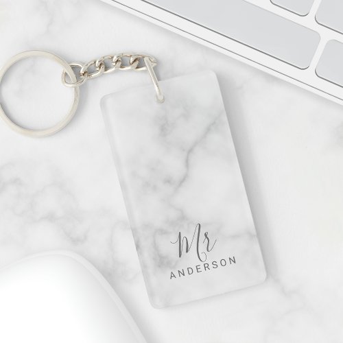 Mr and Mrs  Elegant Marble Modern Script Wedding Keychain