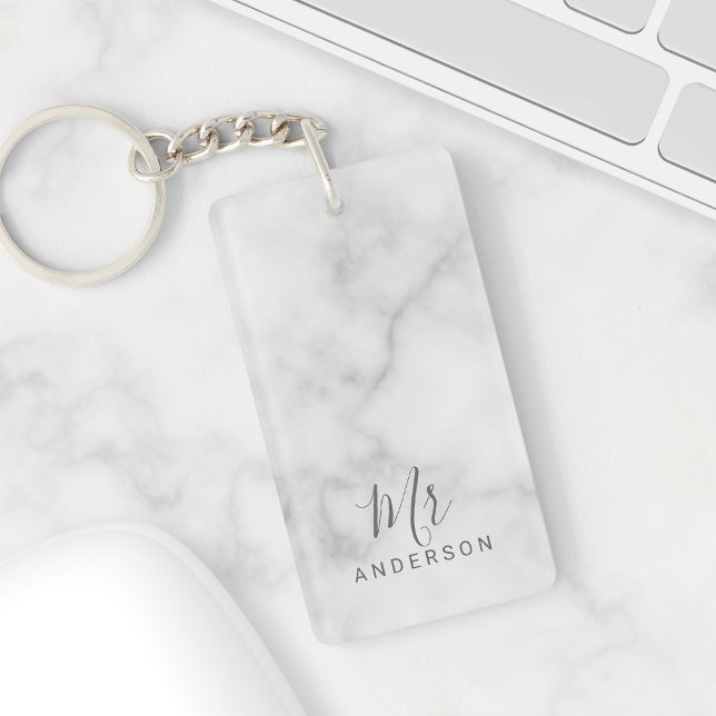 Mr and Mrs | Elegant Marble Modern Script Wedding Keychain (Creator Uploaded)