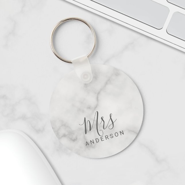 Mr and Mrs | Elegant Marble Modern Script Wedding Keychain (Creator Uploaded)
