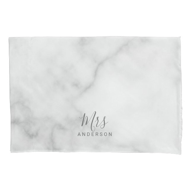 Mr and Mrs | Elegant Marble Modern Script Wedding Pillow Case (Front)