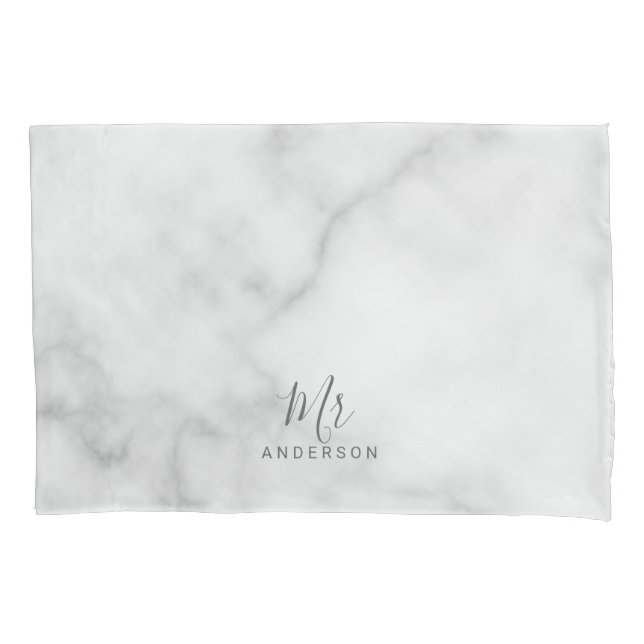 Mr and Mrs | Elegant Marble Modern Script Wedding Pillowcase (Front)