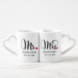 Mr and Mrs Elegant Script Custom Wedding Monogram Coffee Mug Set<br><div class="desc">Personalized monogram coffee mugs make a unique wedding gift for the new Mr and Mrs! This elegant design features black calligraphy script writing,  a red heart accent,  and custom text that can be personalized with the newlywed couple's married last name and wedding date.</div>