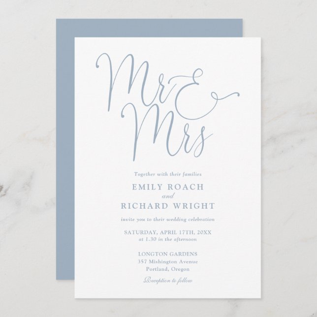 Mr And Mrs Elegant Script Dusty Blue Wedding Invitation (Front/Back)