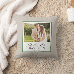 Mr and Mrs Elegant Script Photo Newlywed Throw Pillow