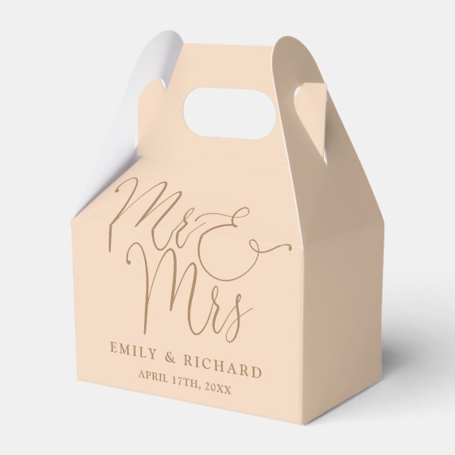 Mr And Mrs Elegant Script Soft Peach Wedding Favor Boxes (Front Side)