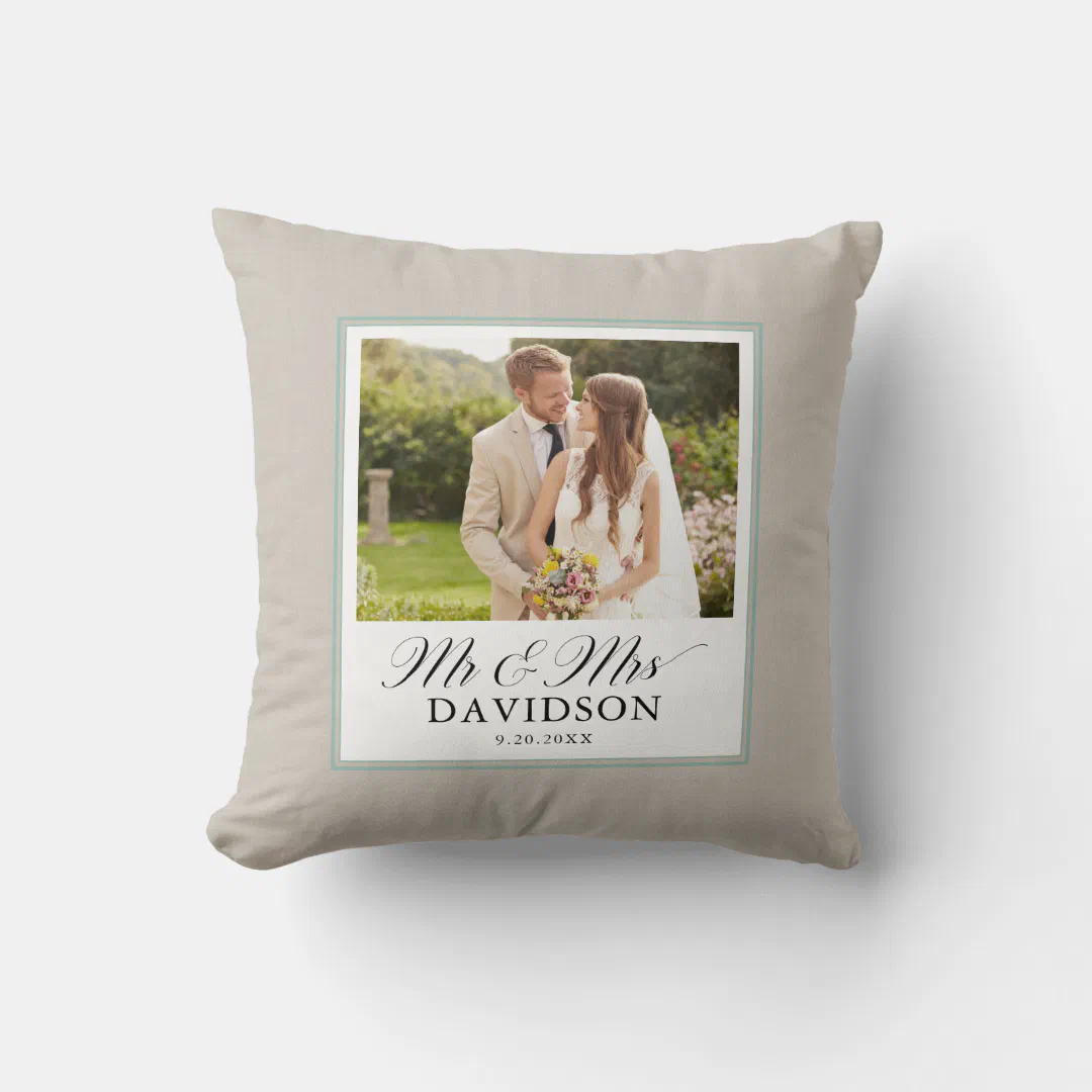Mr and Mrs Elegant Script Teal Photo Newlywed Throw Pillow