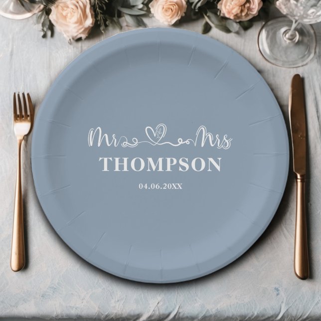 Mr and Mrs Elegant Simple | Dusty Blue Paper Plates (Creator Uploaded)