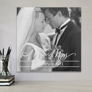 Mr. and Mrs. Elegant Wedding Photo Personalized Faux Canvas Print
