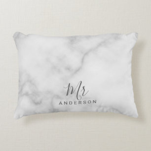 Mr and Mrs Elegant White Marble Modern Script Accent Pillow