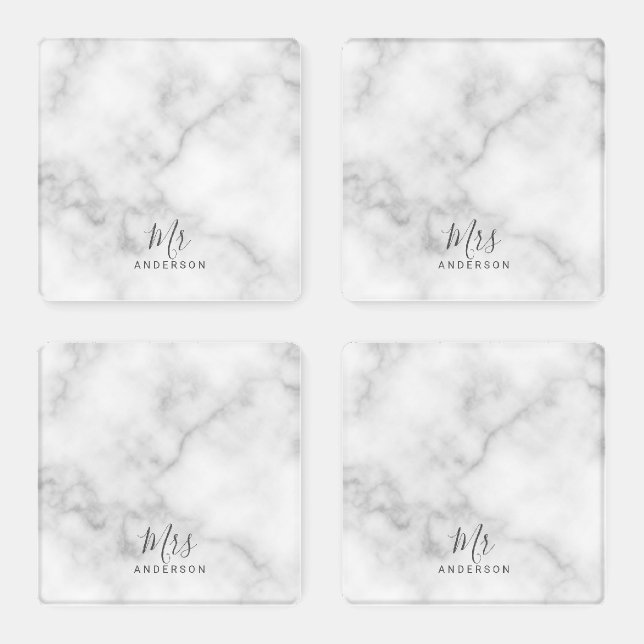 Mr and Mrs | Elegant White Marble Modern Script Coaster Set (Set)