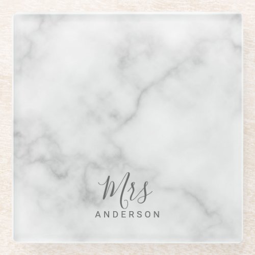 Mr and Mrs  Elegant White Marble Modern Script Glass Coaster