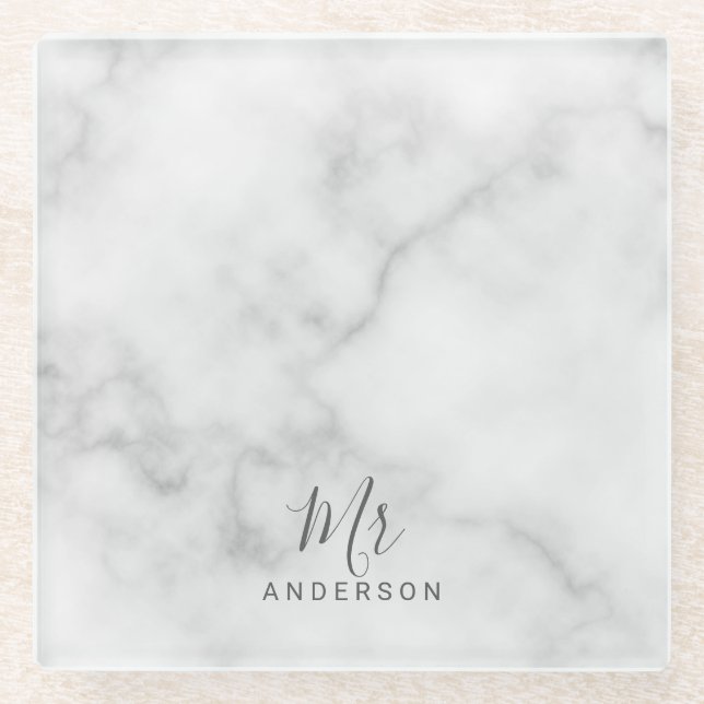 Mr and Mrs | Elegant White Marble Modern Script Glass Coaster (Front)