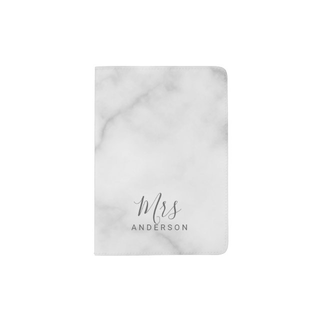 Mr and Mrs | Elegant White Marble Modern Script Passport Holder (Front)