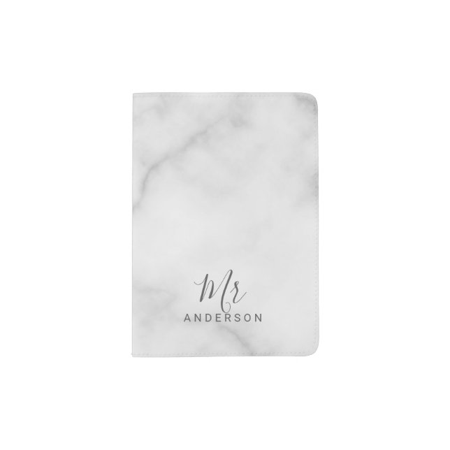Mr and Mrs | Elegant White Marble Modern Script Passport Holder (Front)