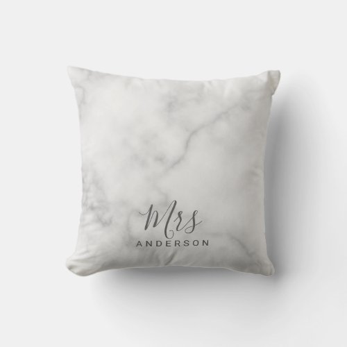 Mr and Mrs  Elegant White Marble Modern Script Throw Pillow