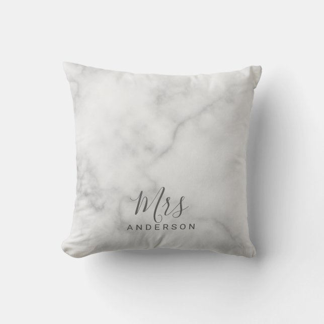Mr and Mrs | Elegant White Marble Modern Script Throw Pillow (Front)