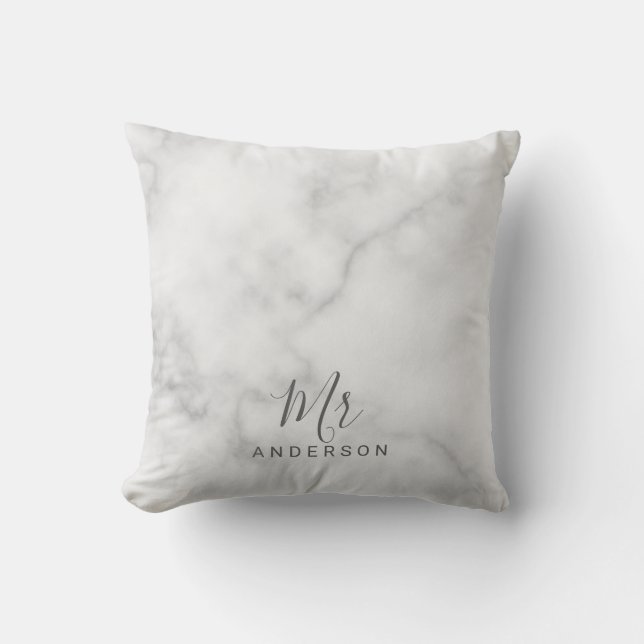 Mr and Mrs | Elegant White Marble Modern Script Throw Pillow (Front)