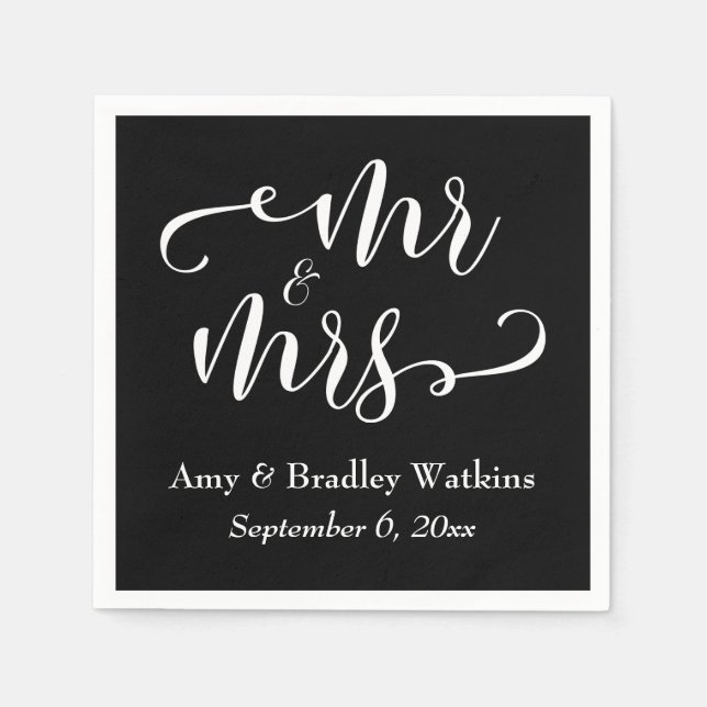 "Mr and Mrs" Elegant White Script on Black Wedding Napkins (Front)