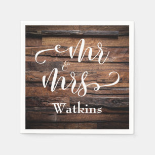 "Mr and Mrs" Elegant White Script on Dark Wood Napkins