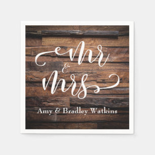 "Mr and Mrs" Elegant White Script on Dark Wood Paper Napkins