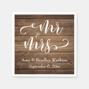 "Mr and Mrs" Elegant White Script on Rustic Wood Napkins