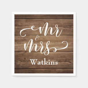 "Mr and Mrs" Elegant White Script on Rustic Wood Paper Napkins