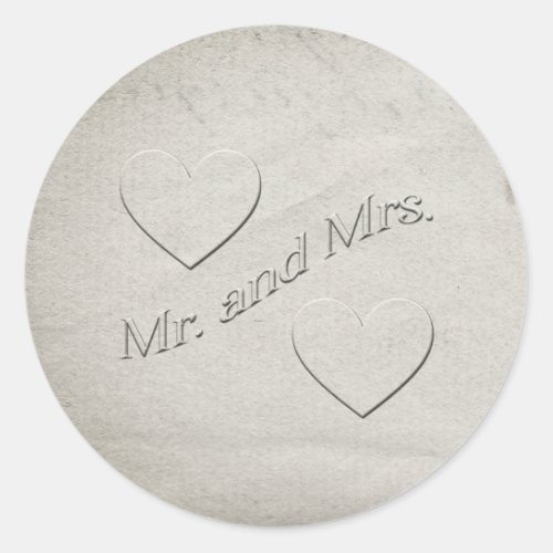 Mr and Mrs Embossed Design with Hearts  Classic Round Sticker